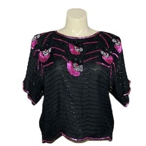 VTG AVALON Blouse 1X Pure‎ Silk Black Pink Sequin Bead Lined Top Dressy